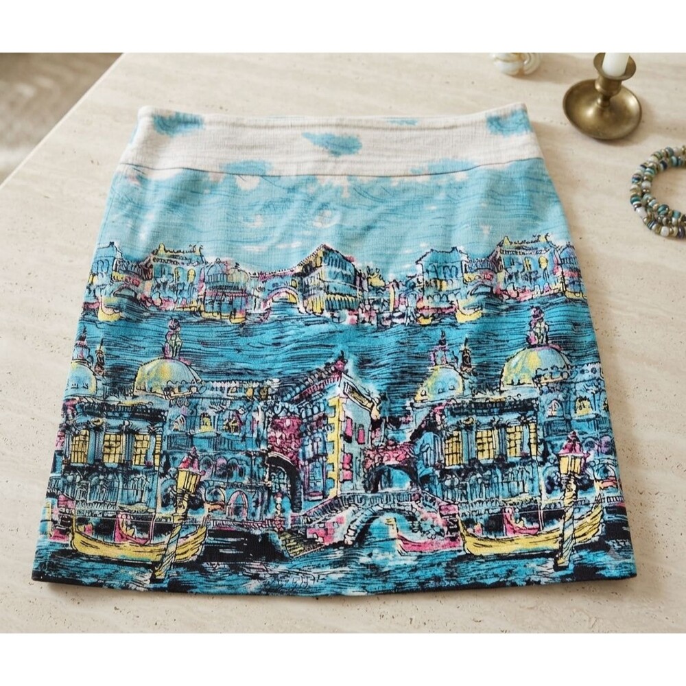 Talbots Petite 10 Venice Italy Canal Scene Skirt Gondola Novelty Art Print Mini